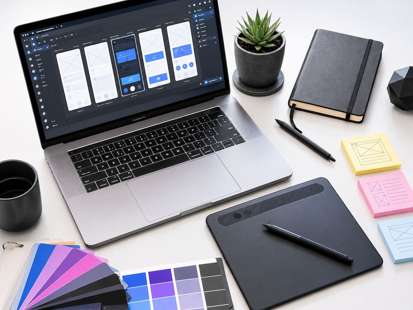 Designer's desk with UI wireframes, a graphics tablet and brand color palettes