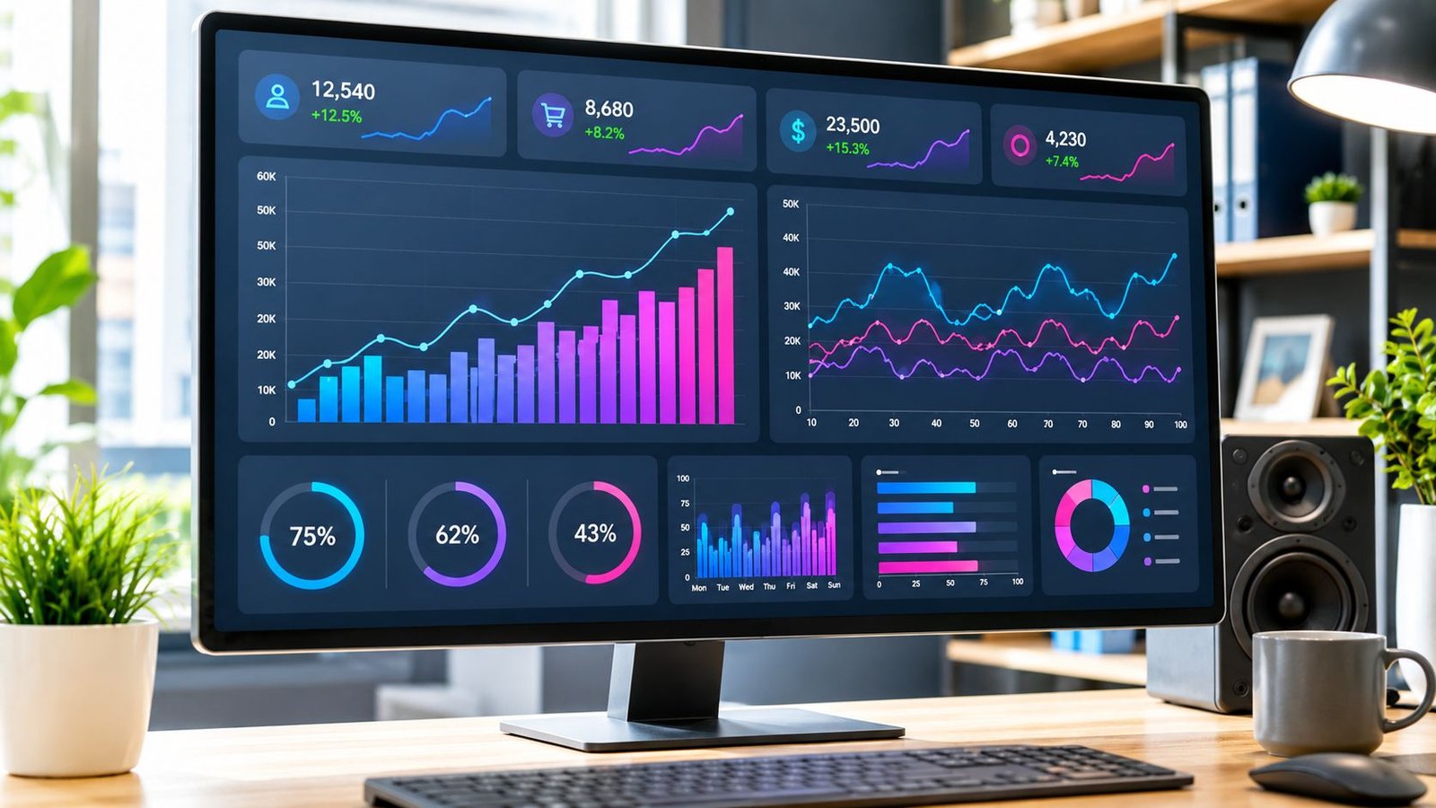 Analytics dashboard showing growth in traffic, conversions and revenue