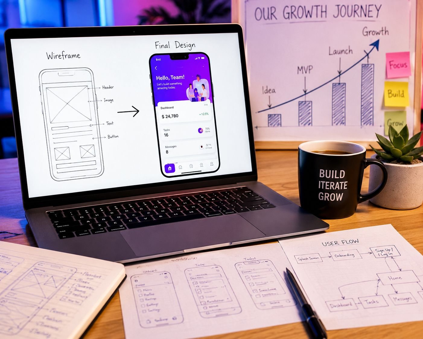 The Creators founding team at their Mumbai studio, early sketches and a growth chart on the desk