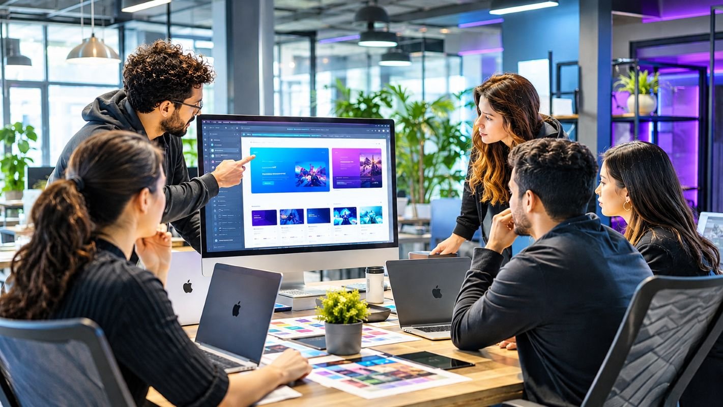 The Creators team reviewing a client website design together in the studio