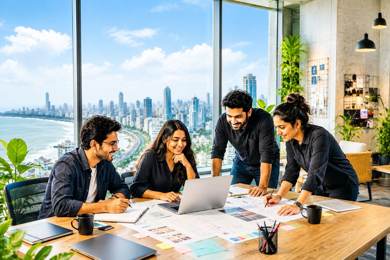 The Creators studio team collaborating over a design and strategy session with the Mumbai skyline in view