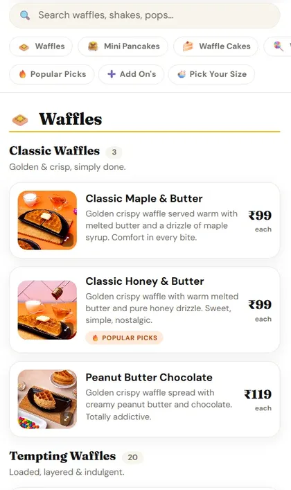 British Waffle Co.: Menu sections screen