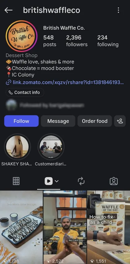 British Waffle Co.: Instagram screen