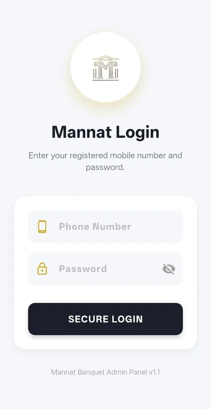 Mannat Banquets: Admin login screen