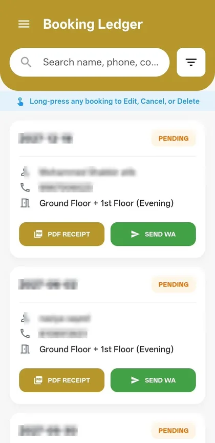 Mannat Banquets: Booking ledger screen