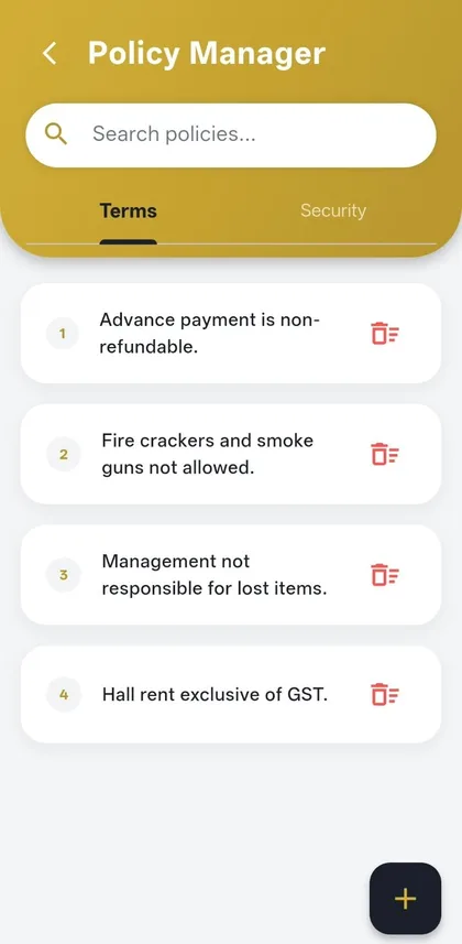 Mannat Banquets: Policy manager screen