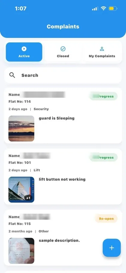 ParisarOne: Complaints screen