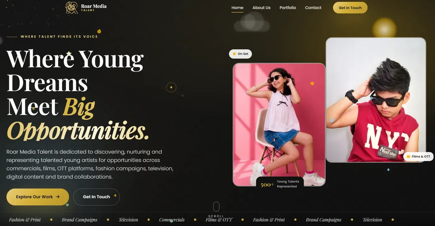Roar Media Talent: Home page screen